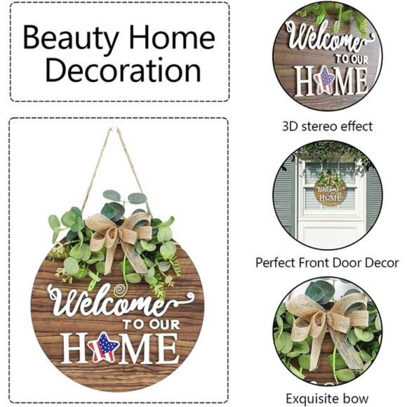 Interchangeable Seasonal Welcome Sign Front Door Decoration, Rustic Round Wood - Picture 2 of 7